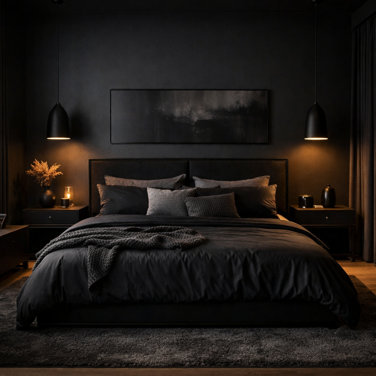Moody modern black bedroom with dark walls and soft lighting