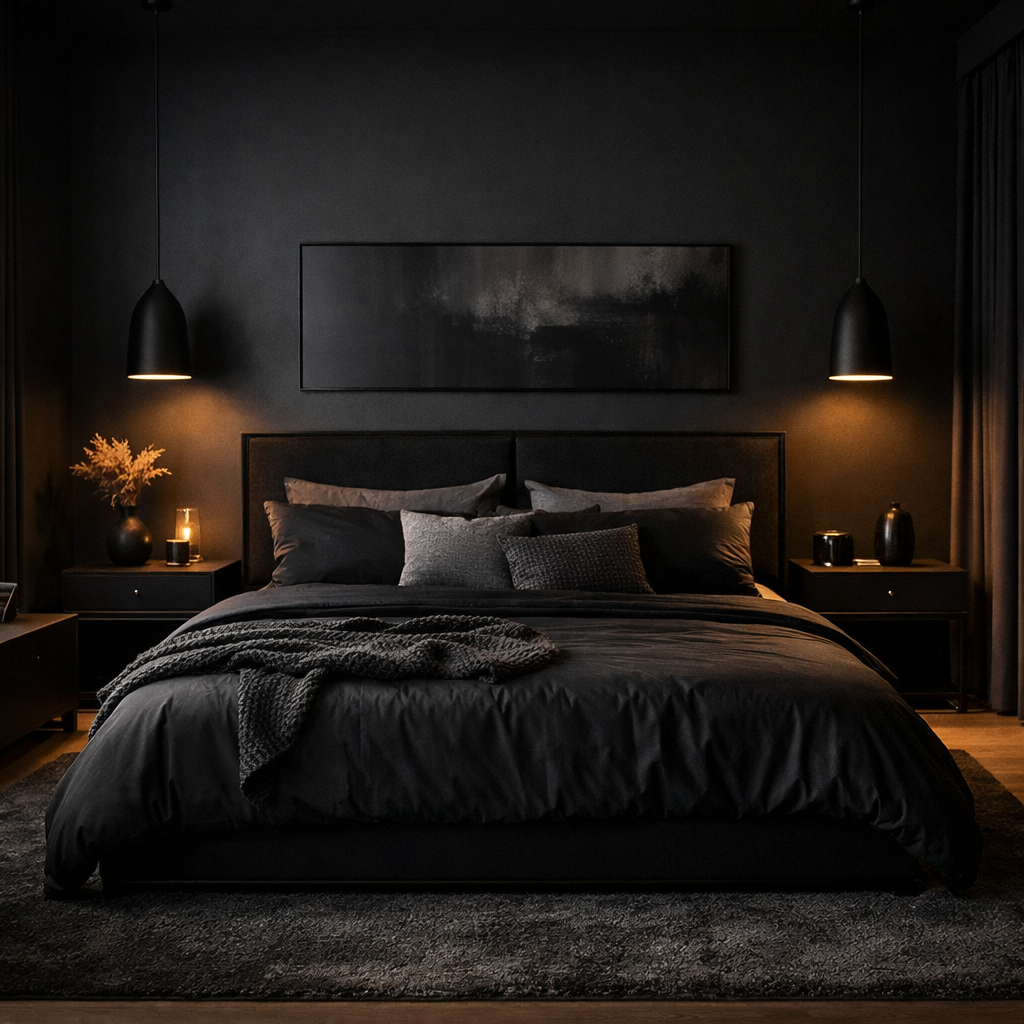 Moody modern black bedroom with dark walls and soft lighting