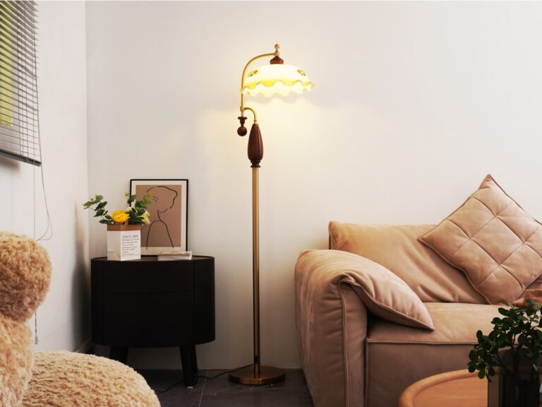 Easy Lighting Upgrades That Don't Require an Electrician 7 Vintage floor lamp with ornate glass shade. — Photo by Sophia Bennett on Unsplash