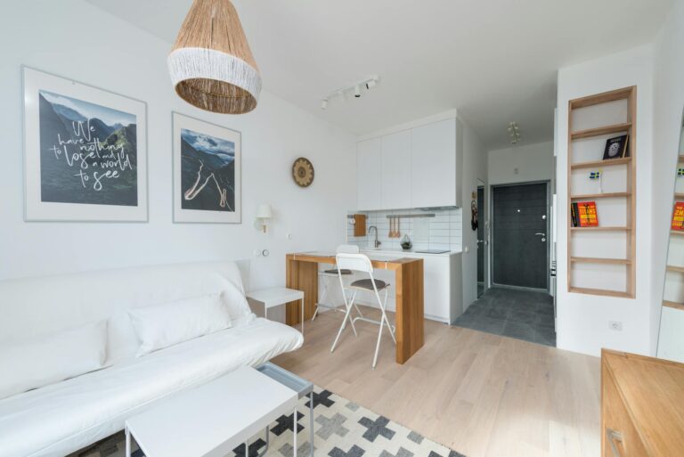 Minimalist studio apartment with wooden floors and white sofa - small apartment decorating on a budget